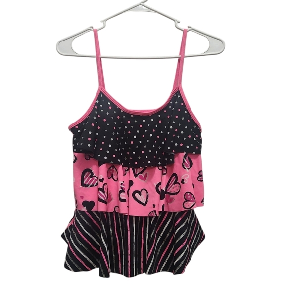 EUC Justice Tankini Swim Top Tiered Pink Black Multi Print Size 18 - Picture 1 of 4